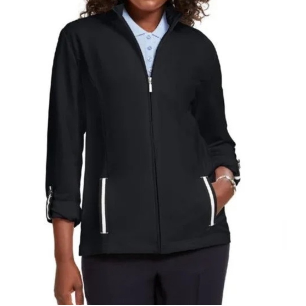KAREN SCOTT Track Jacket 1X Black French Terry White Trim Full Zip Plus Size Top